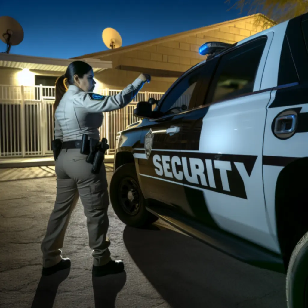 Marked security vehicle performing a mobile patrol at night