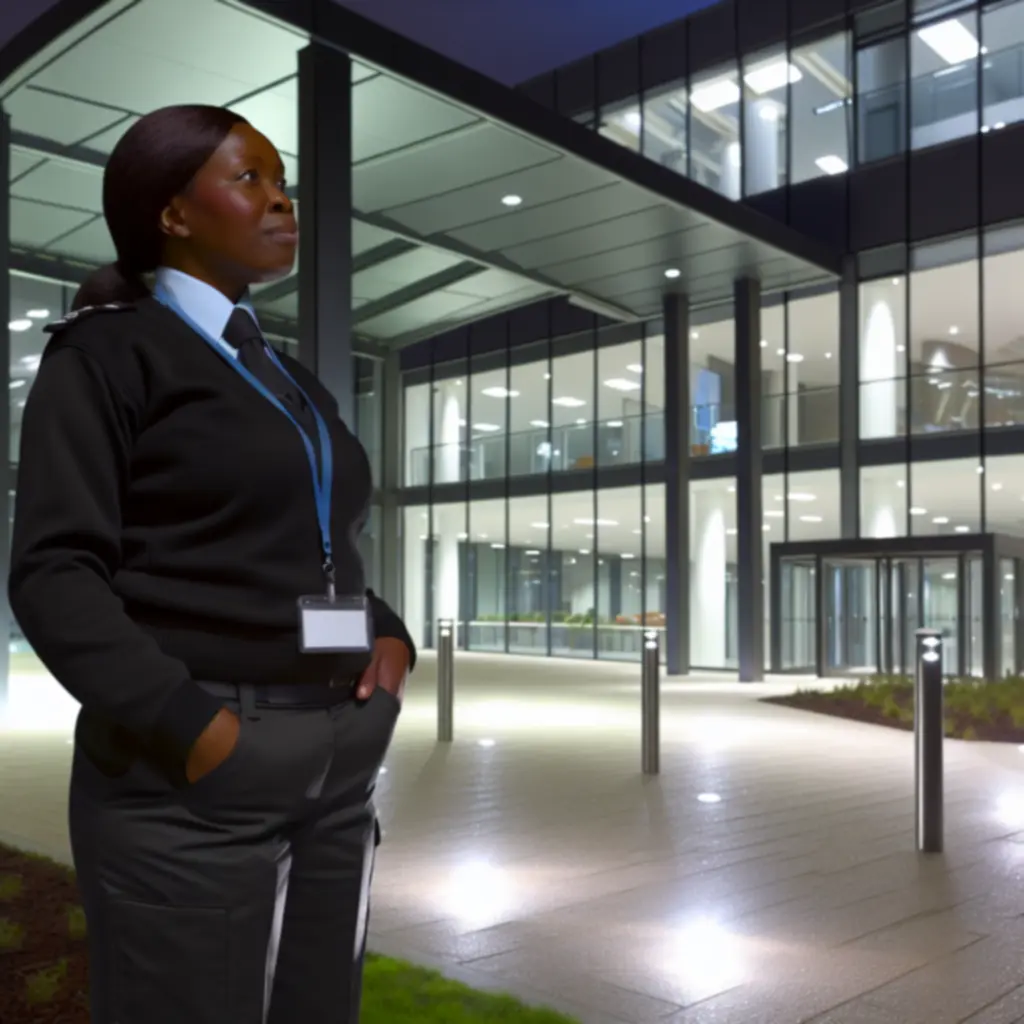 Corporate office building at night with professional security presence