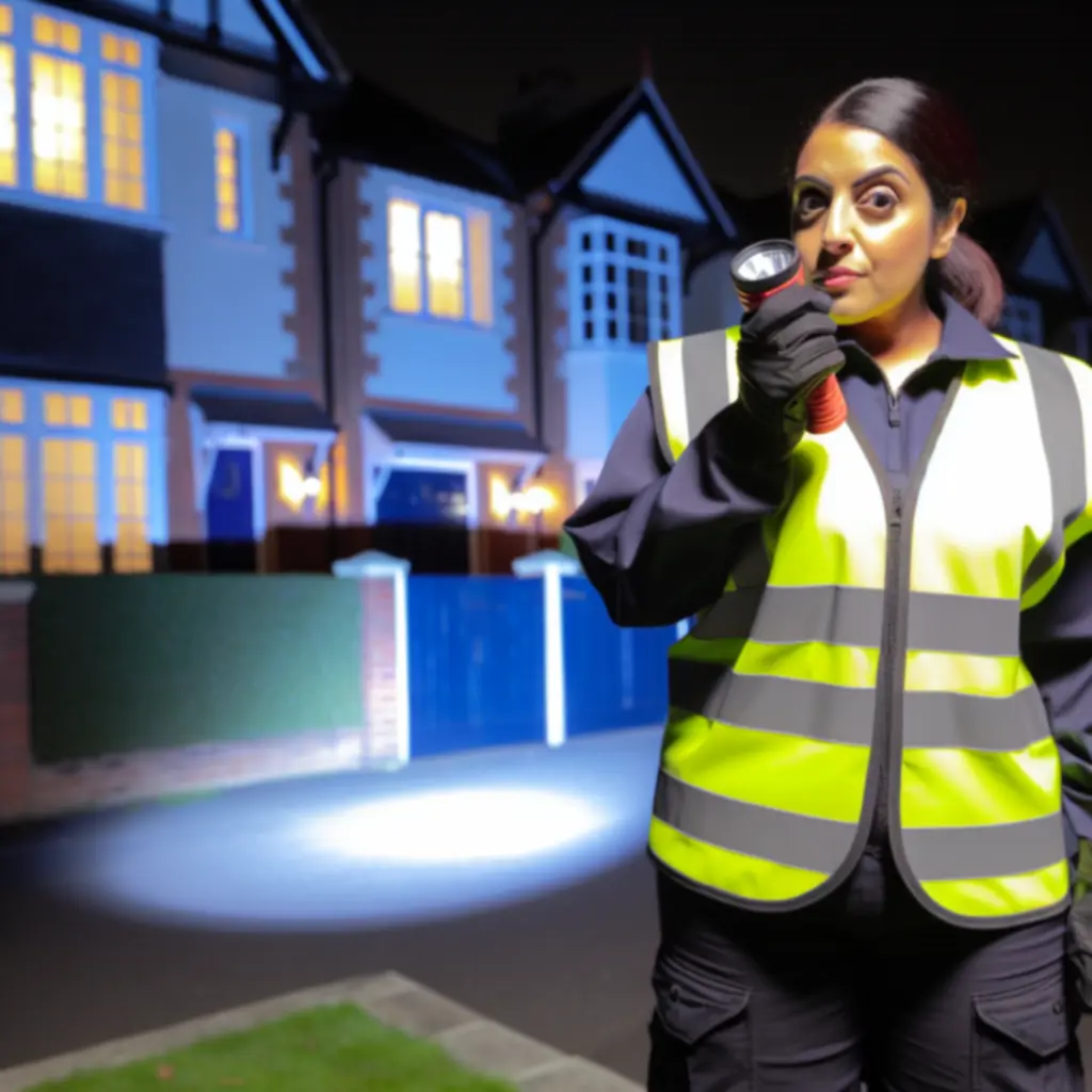 Uniformed security guard patrolling a residential street in Coventry at night