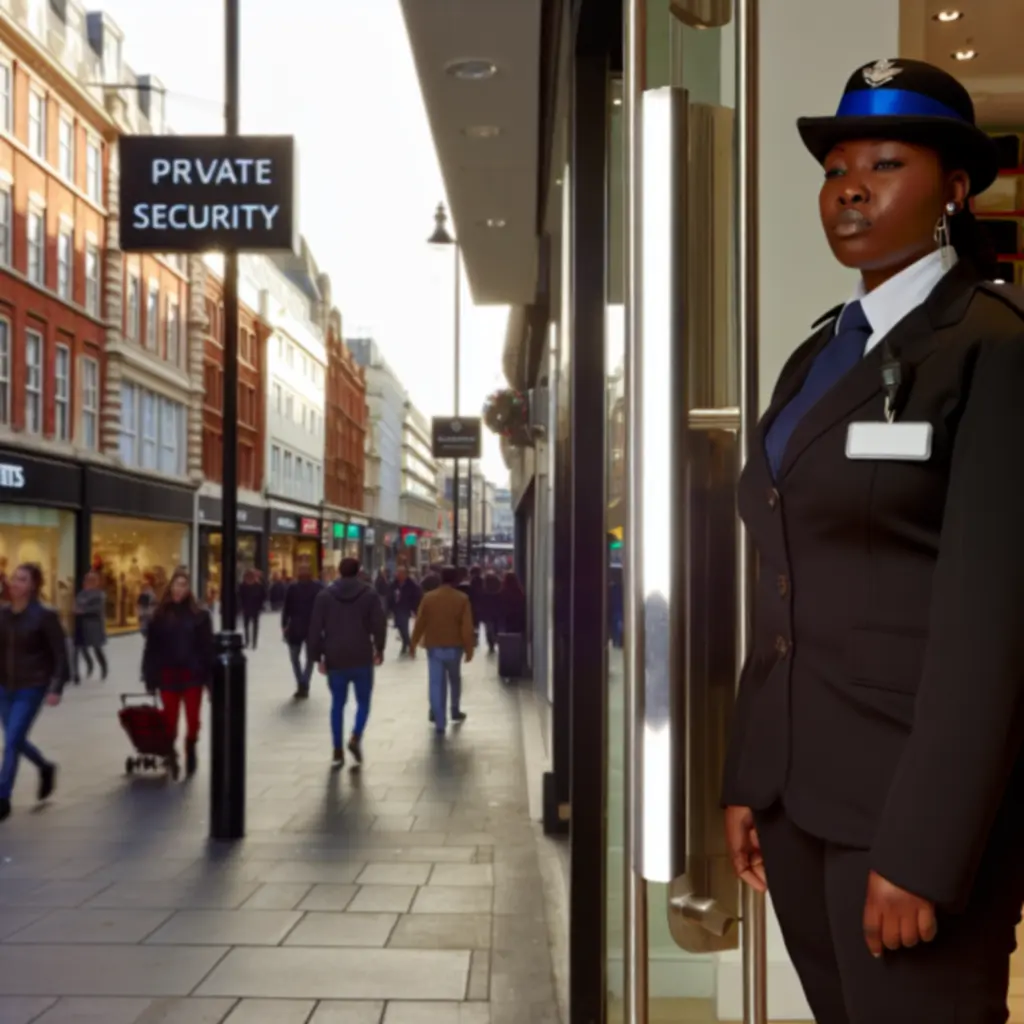 Retail security guard standing near a city centre storefront