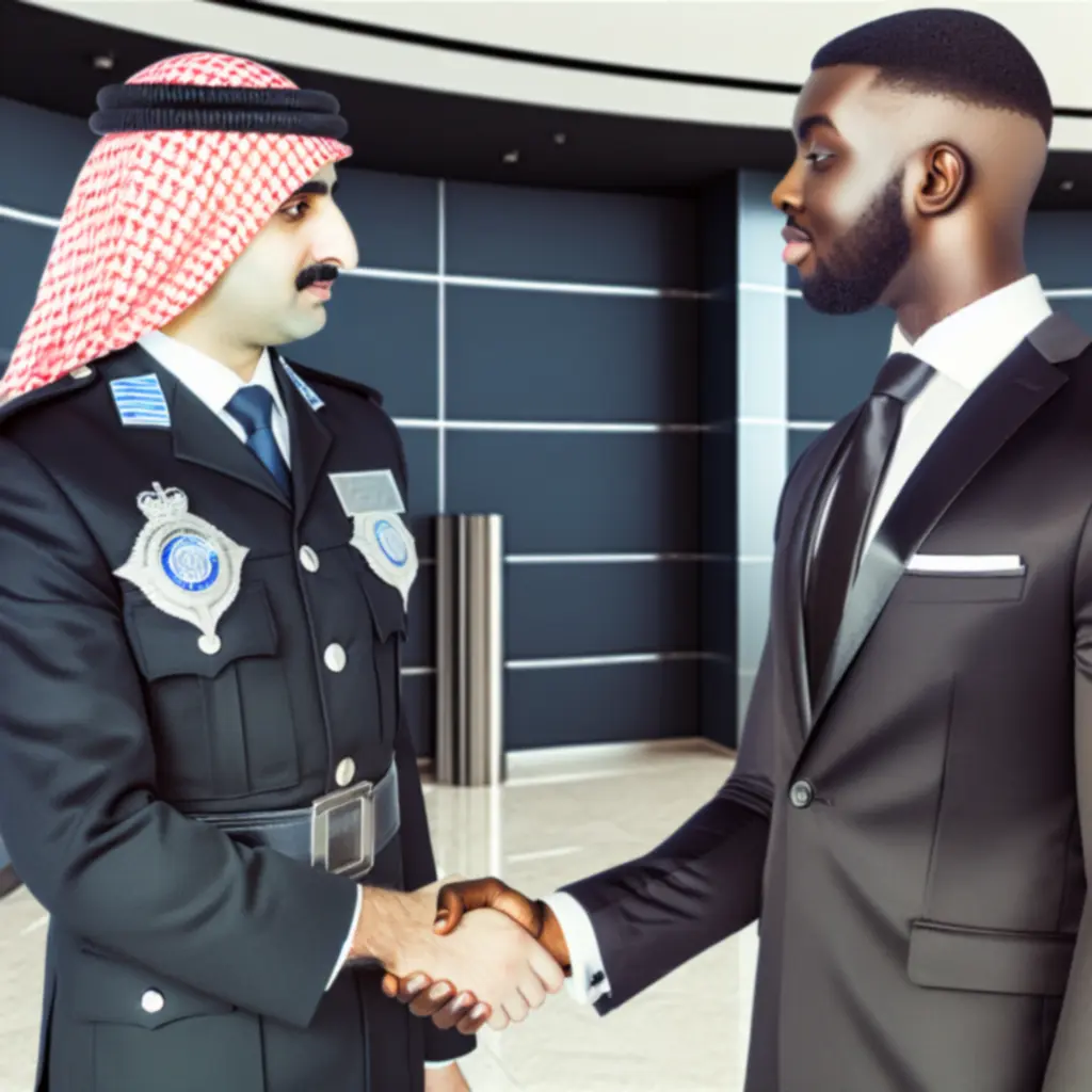 Security supervisor greeting a corporate client at a UK event venue