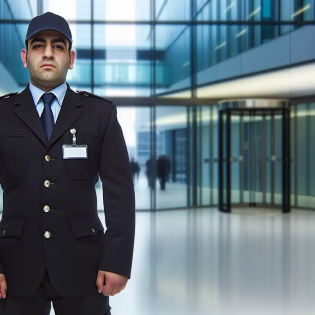 SIA-licensed security officer positioned at a building entrance