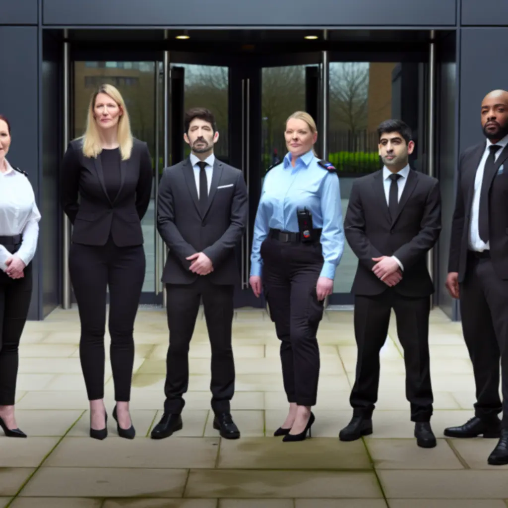 Professional security team standing together outside a commercial building